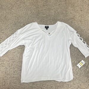 JM Collection White 3/4 Sleeve Cut Out Blouse